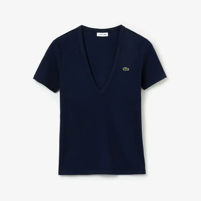 TShirts Lacoste Womens Soft Cotton VNeck TShirt Navy Blue Outlet