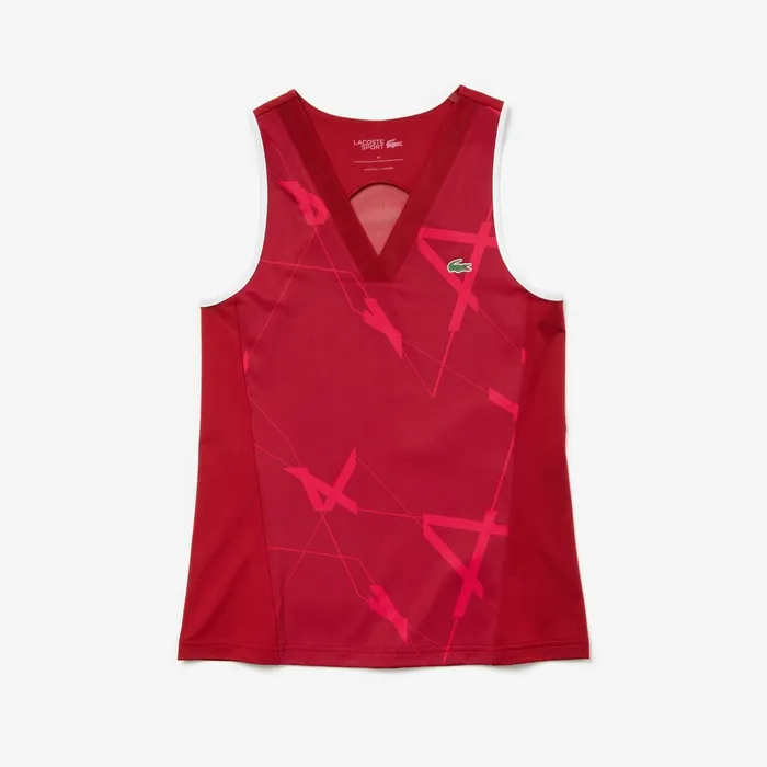 TShirts Lacoste Womens SPORT Geometric Print Tennis Tank Top BordeauxFushia PinkWhite Outlet