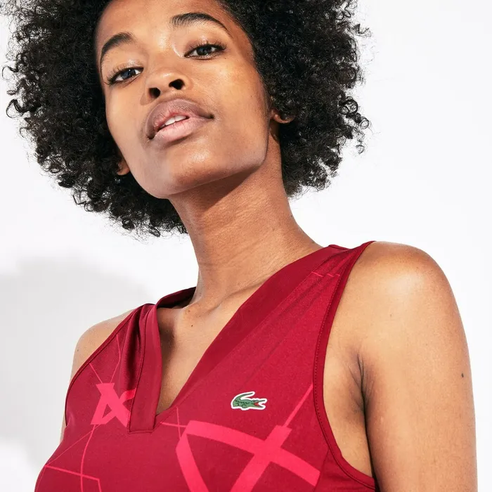 TShirts Lacoste Womens SPORT Geometric Print Tennis Tank Top BordeauxFushia PinkWhite Outlet
