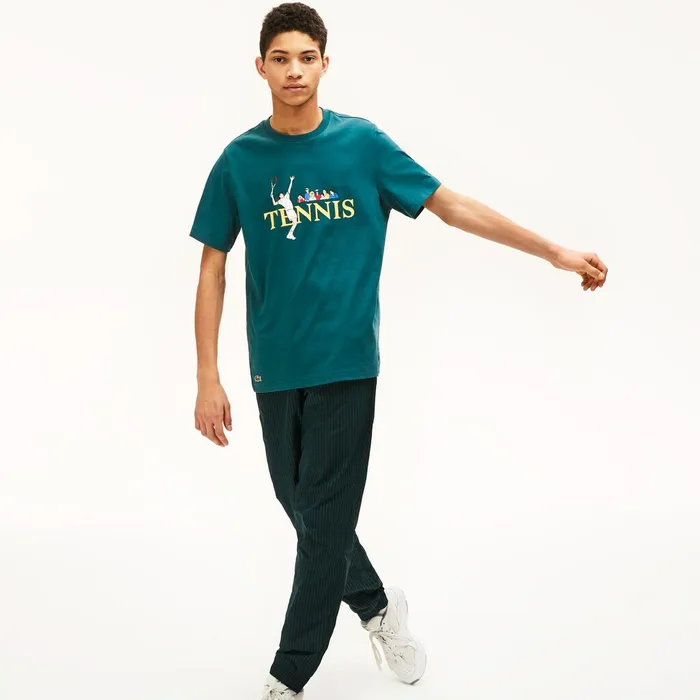 TShirts Lacoste Womens Unisex LIVE TennisPrint Cotton TShirt GreenWhite Popular