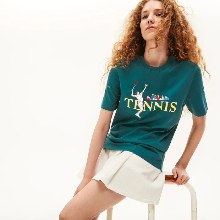TShirts Lacoste Womens Unisex LIVE TennisPrint Cotton TShirt GreenWhite Popular