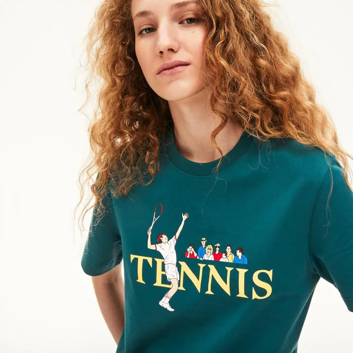 TShirts Lacoste Womens Unisex LIVE TennisPrint Cotton TShirt GreenWhite Popular