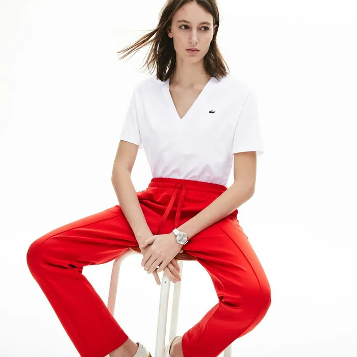 TShirts Lacoste Womens VNeck Premium Cotton TShirt White Online Store
