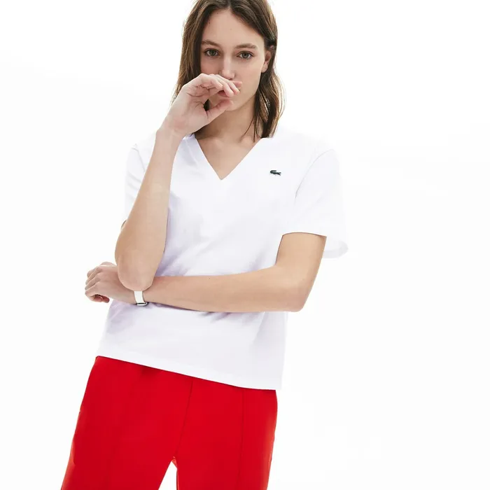 TShirts Lacoste Womens VNeck Premium Cotton TShirt White Online Store