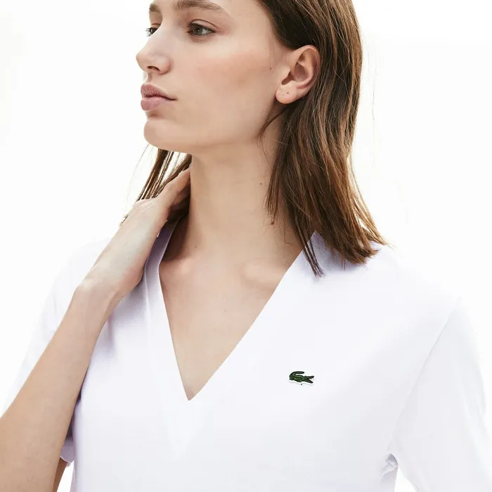 TShirts Lacoste Womens VNeck Premium Cotton TShirt White Online Store