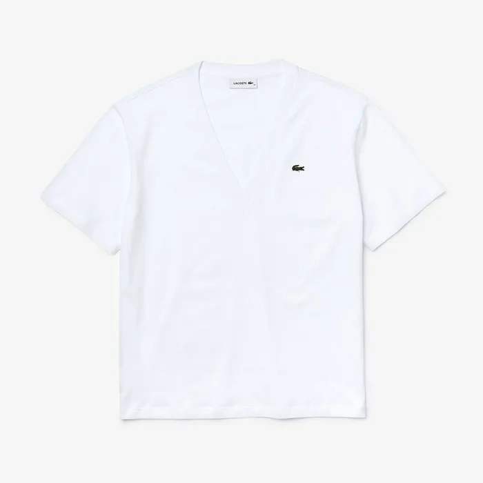 TShirts Lacoste Womens VNeck Premium Cotton TShirt White Online Store