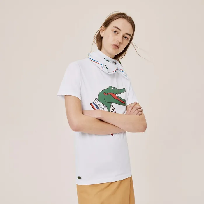 TShirts Lacoste Womens x JeanMichel Tixier Graphic Tshirt WhiteRed On Sale