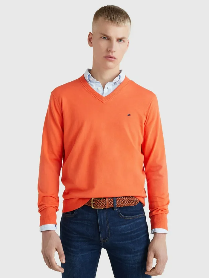 Tommy Hilfiger 1985 Collection Th Flex VNeck Jumper Hawaiian Coral Mens Knitwear On Sale Tommy Hilfiger 1985 Collection Th Flex VNeck Jumper Hawaiian Coral Mens Knitwear On Sale