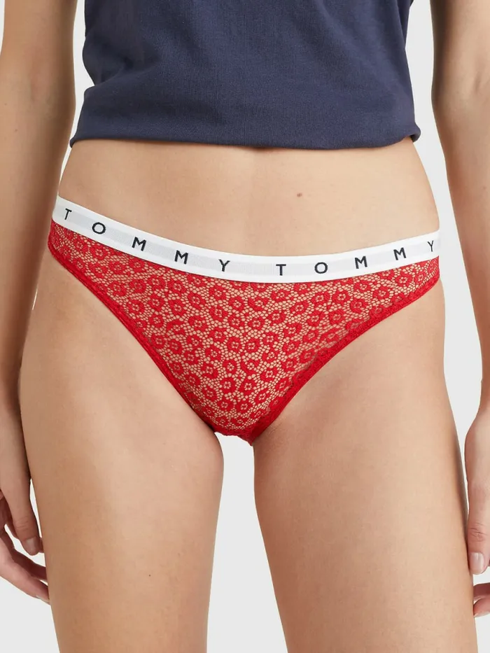 Tommy Hilfiger 3Pack Lace Logo Waistband Briefs Desert SkyWhitePrimary Red Womens Lingerie