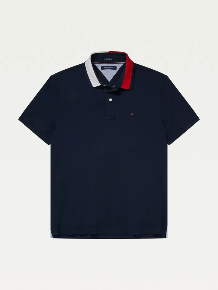Tommy Hilfiger Adaptive Contrast Collar Custom Fit Polo Sky Captain Mens Polo Shirts Fashion