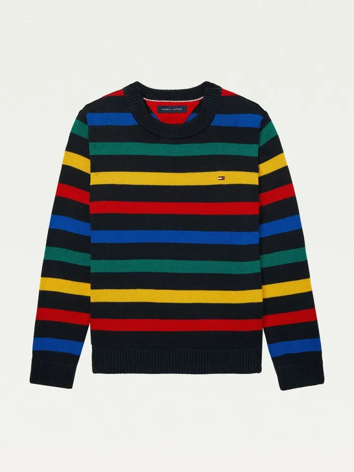 Tommy Hilfiger Adaptive Stripe Crew Neck Jumper Sky Captain Boys Jumpers and Cardigans Cheap On Sale