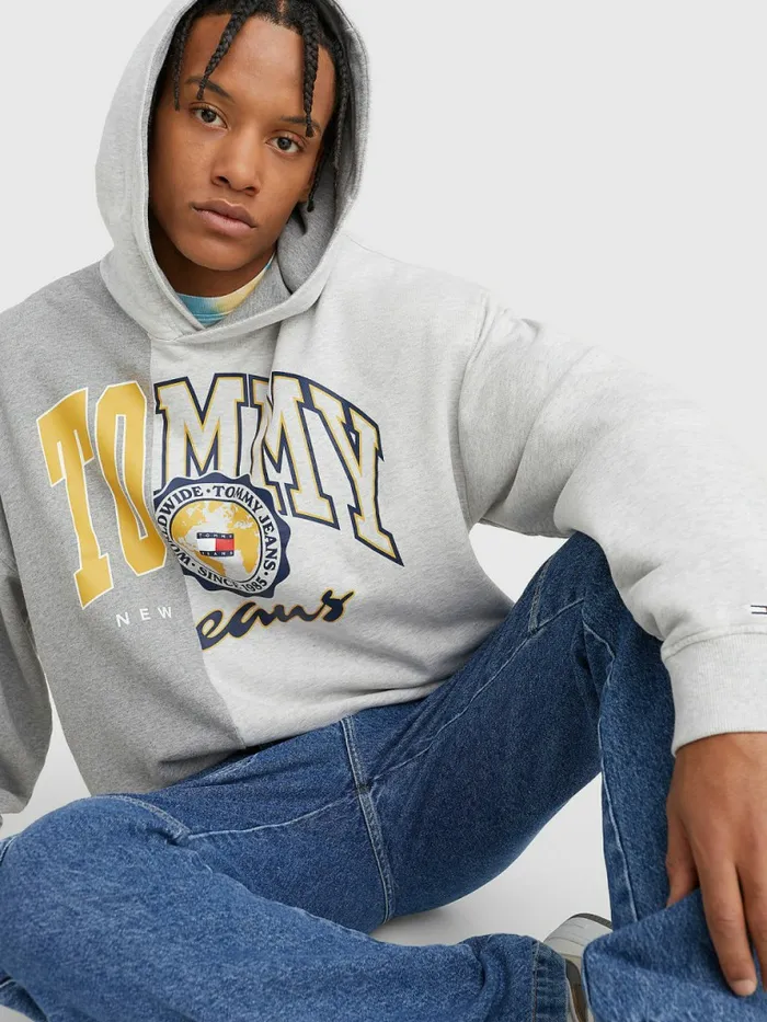 Tommy Hilfiger Archive Organic Cotton Logo Hoody Silver Grey HtrMulti Mens Sweatshirts and Hoodies Gift Ideas