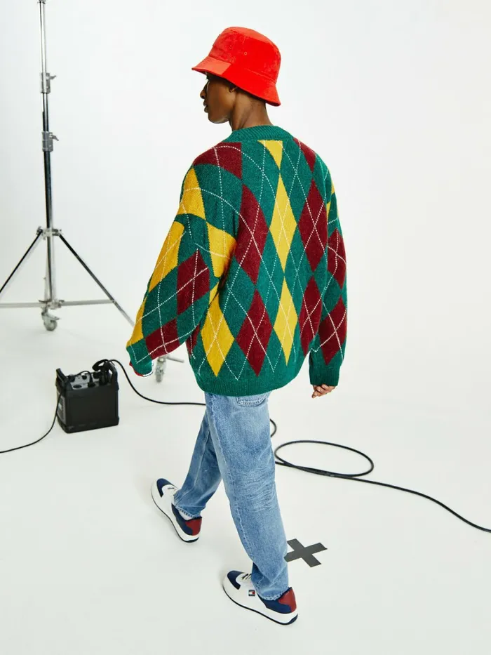Tommy Hilfiger Argyle Check VNeck Cardigan Rural Green Mens Knitwear Fashion