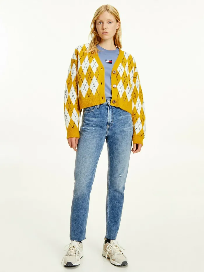 Tommy Hilfiger Argyle Cropped Cardigan Prairie YellowMulti Womens Knitwear Fashion Tommy Hilfiger Argyle Cropped Cardigan Prairie YellowMulti Womens Knitwear Fashion