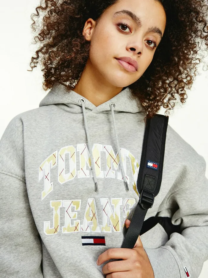 Tommy Hilfiger Argyle Oversized Fit Logo Hoody Lt Grey Htr Womens Sweatshirts and Hoodies On Sale