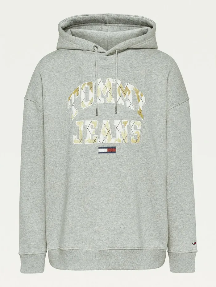 Tommy Hilfiger Argyle Oversized Fit Logo Hoody Lt Grey Htr Womens Sweatshirts and Hoodies On Sale