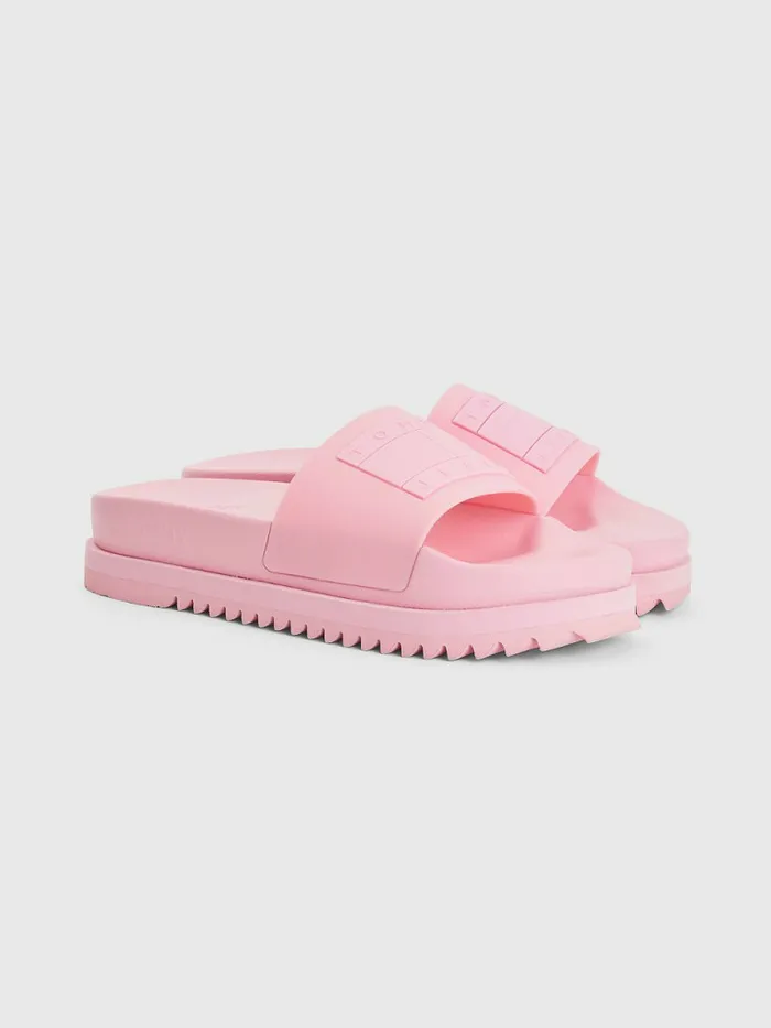 Tommy Hilfiger Badge Cleat Flatform Slides Fresh Pink Womens Sandals Fashion
