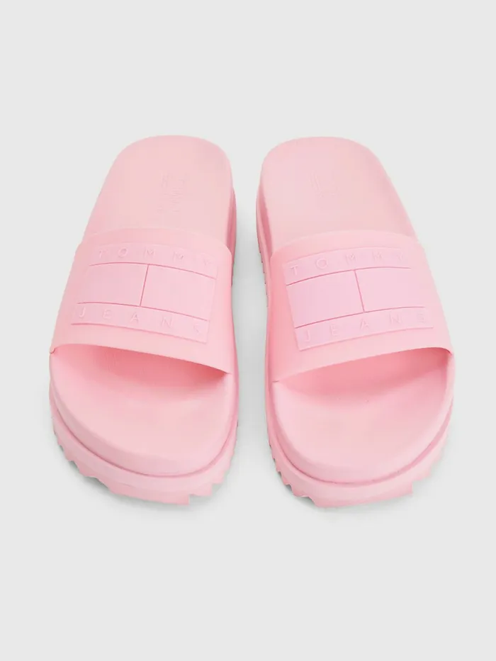 Tommy Hilfiger Badge Cleat Flatform Slides Fresh Pink Womens Sandals Fashion