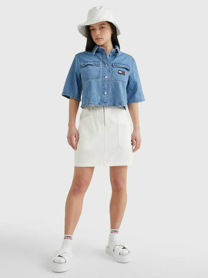 Tommy Hilfiger Badge Cropped Short Sleeve Denim Shirt Denim Medium Womens Shirts and Blouses Gift for Friend