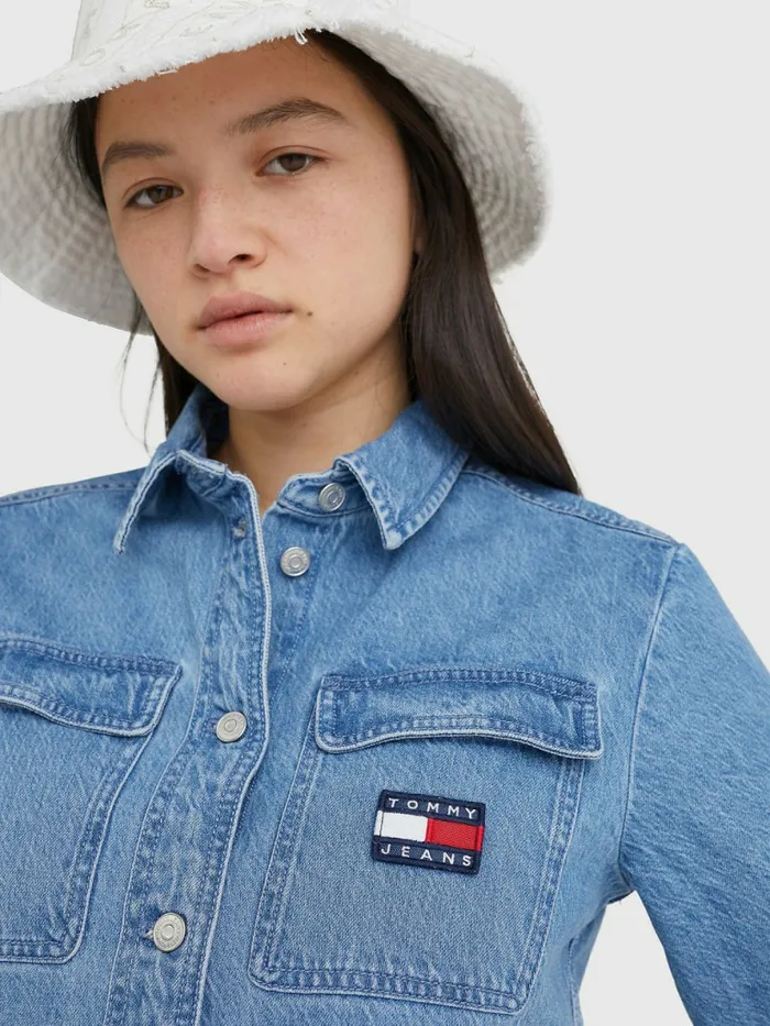 Tommy Hilfiger Badge Cropped Short Sleeve Denim Shirt Denim Medium Womens Shirts and Blouses Gift for Friend