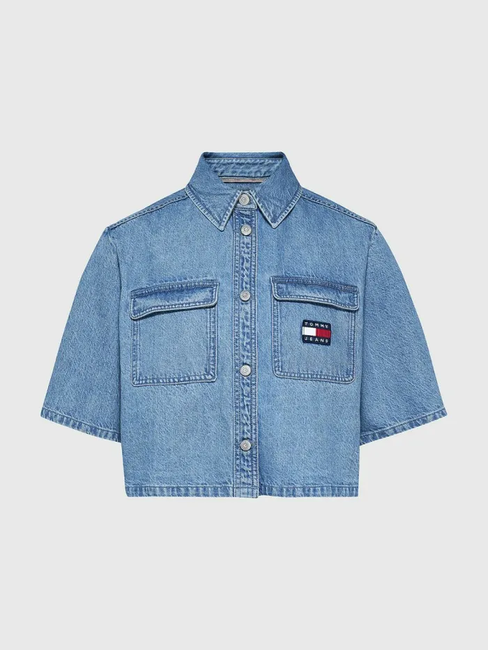 Tommy Hilfiger Badge Cropped Short Sleeve Denim Shirt Denim Medium Womens Shirts and Blouses Gift for Friend