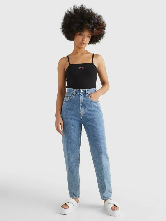 Tommy Hilfiger Badge Square Neck Bodysuit Black Womens TShirts Gift for Friend