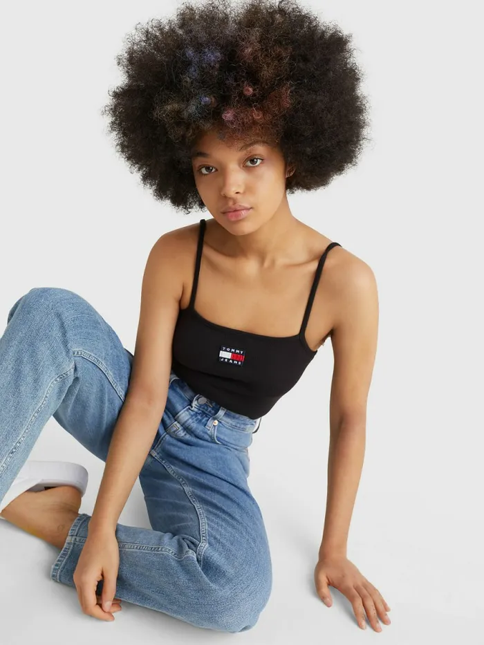 Tommy Hilfiger Badge Square Neck Bodysuit Black Womens TShirts Gift for Friend