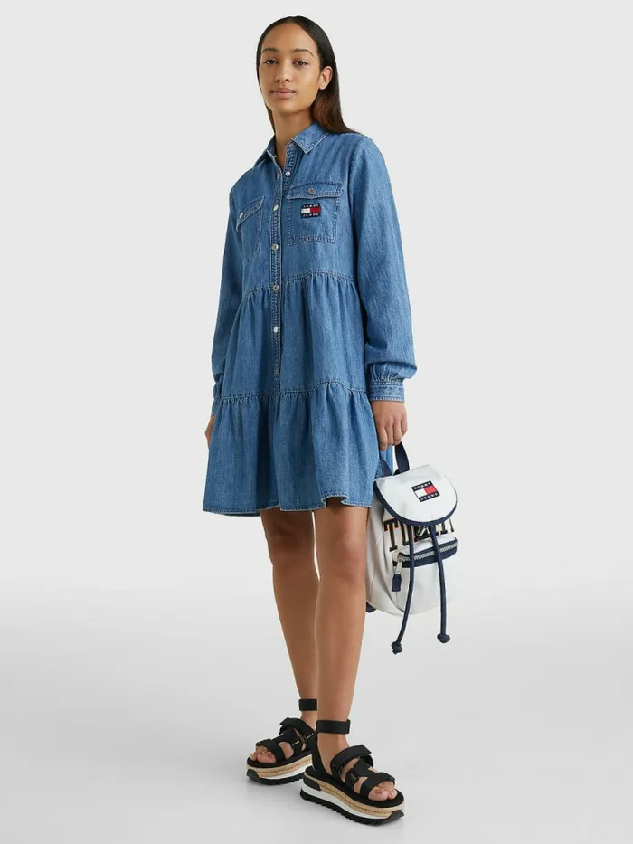 Tommy Hilfiger Badge Tiered Denim Shirt Dress Denim Medium Womens Dresses and Jumpsuits Sale