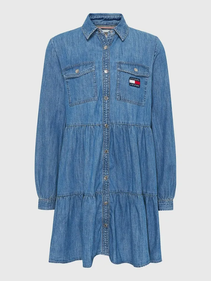 Tommy Hilfiger Badge Tiered Denim Shirt Dress Denim Medium Womens Dresses and Jumpsuits Sale
