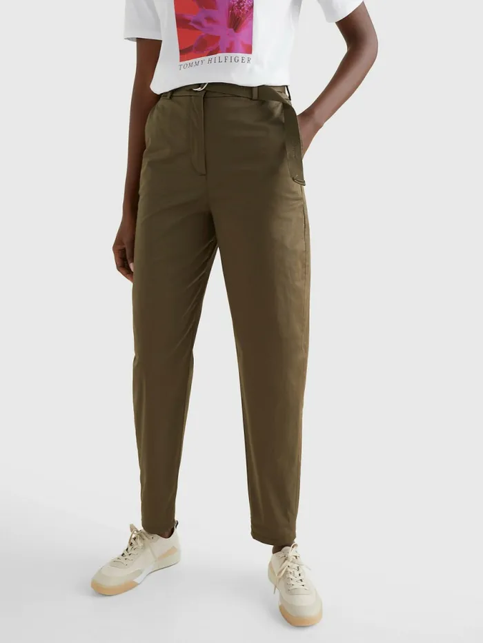 Tommy Hilfiger Belted Waist Tapered Leg Chinos Army Green Womens Trousers