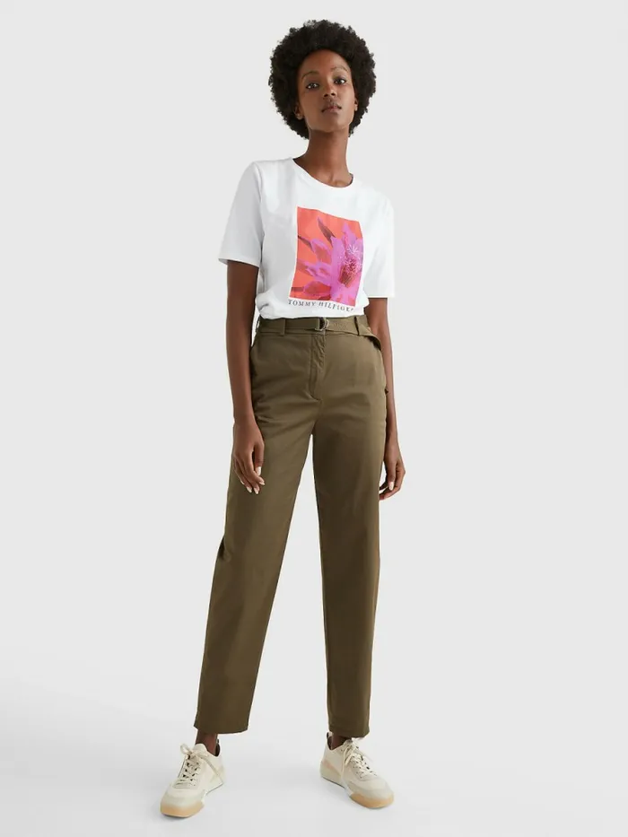 Tommy Hilfiger Belted Waist Tapered Leg Chinos Army Green Womens Trousers