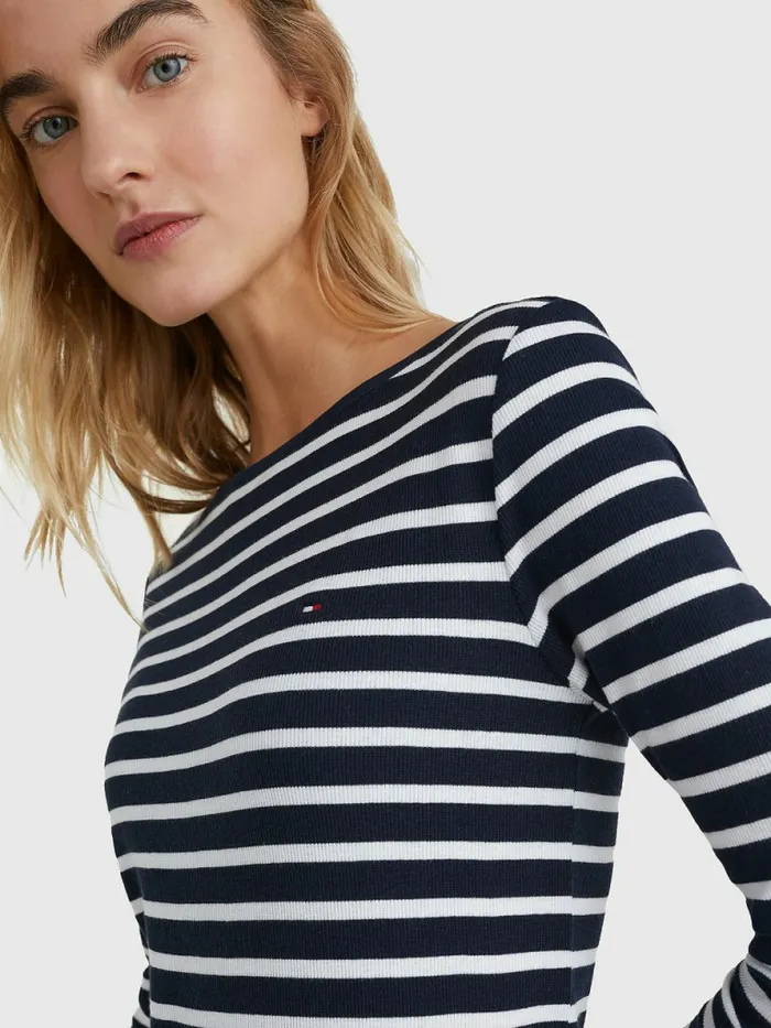 Tommy Hilfiger Boat Neck Long Sleeve Skinny TShirt Breton StpDesert Sky White Womens TShirts On Sale