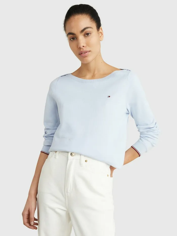 Tommy Hilfiger Boat Neck Organic Cotton Jumper Breezy Blue Womens Knitwear Fashion