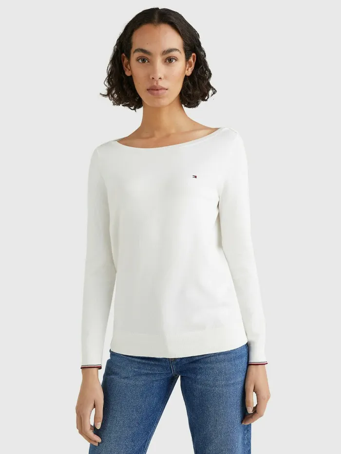 Tommy Hilfiger Boat Neck Organic Cotton Jumper Ecru Womens Knitwear Sale