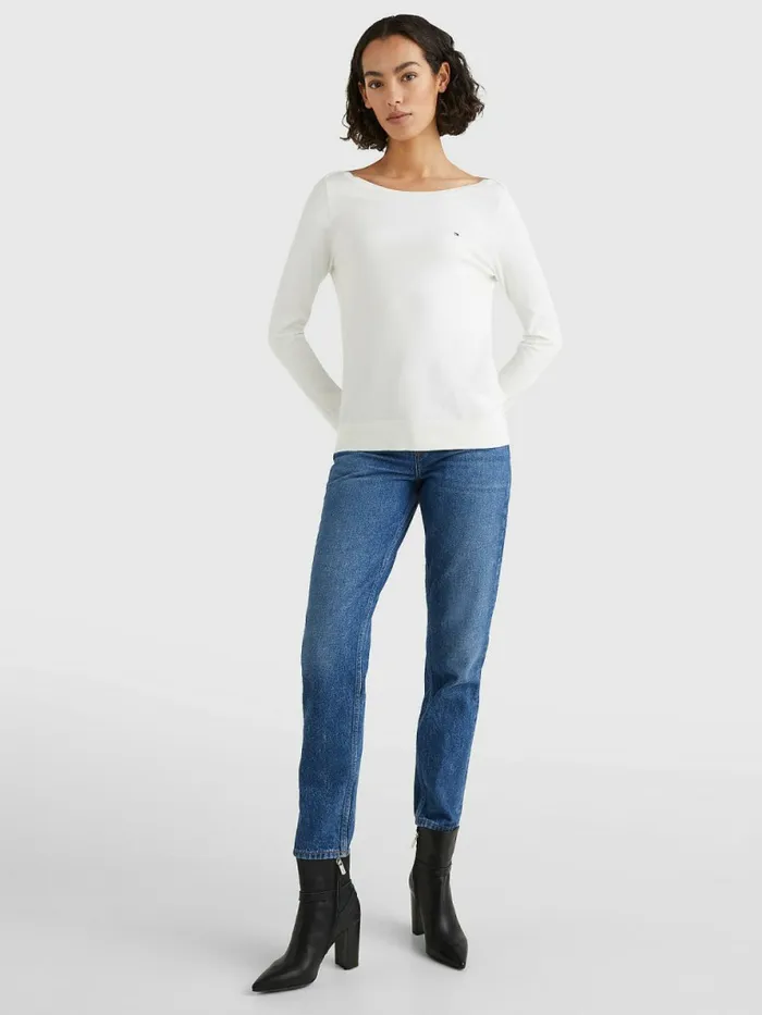 Tommy Hilfiger Boat Neck Organic Cotton Jumper Ecru Womens Knitwear Sale