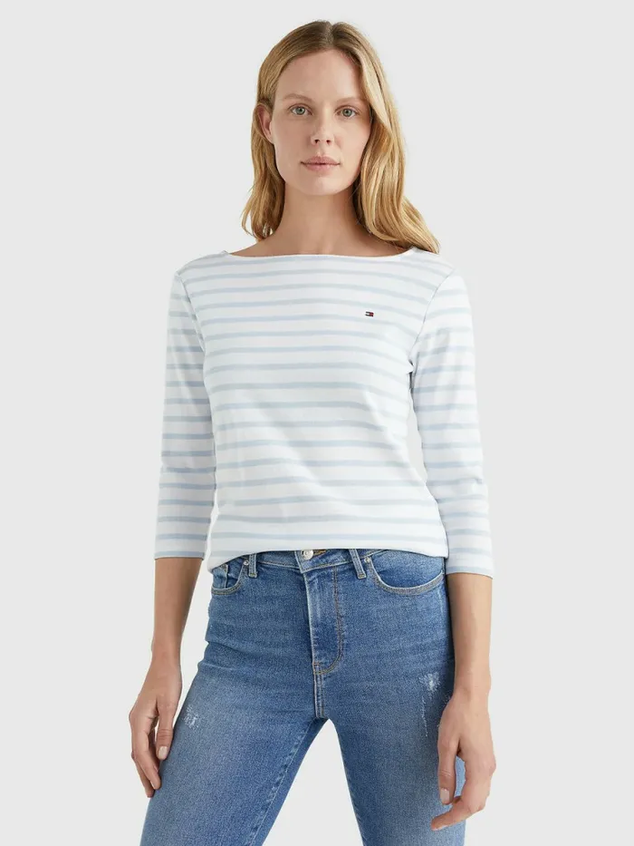 Tommy Hilfiger Boat Neck ThreeQuarter Sleeve TShirt Breton StpWhite Breezy Blue Womens TShirts Gift Ideas Tommy Hilfiger Boat Neck ThreeQuarter Sleeve TShirt Breton StpWhite Breezy Blue Womens TShirts Gift Ideas