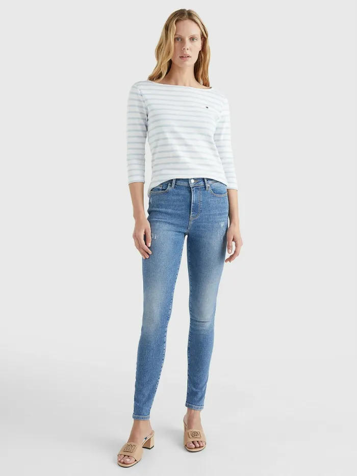 Tommy Hilfiger Boat Neck ThreeQuarter Sleeve TShirt Breton StpWhite Breezy Blue Womens TShirts Gift Ideas