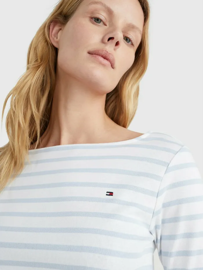 Tommy Hilfiger Boat Neck ThreeQuarter Sleeve TShirt Breton StpWhite Breezy Blue Womens TShirts Gift Ideas