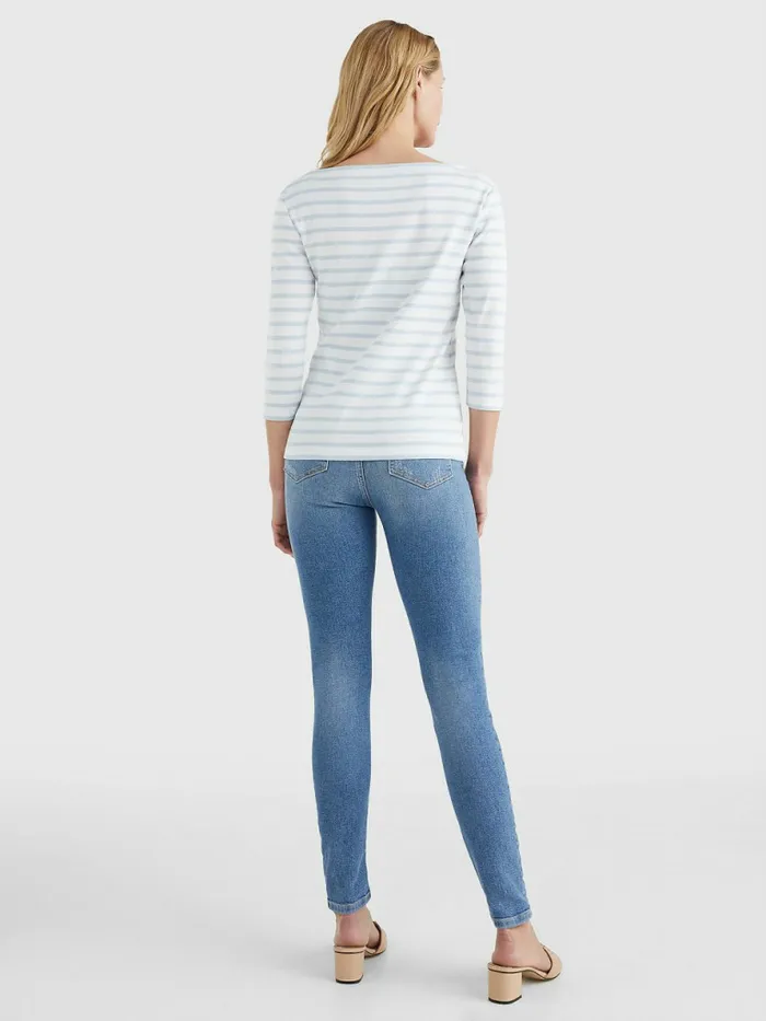Tommy Hilfiger Boat Neck ThreeQuarter Sleeve TShirt Breton StpWhite Breezy Blue Womens TShirts Gift Ideas