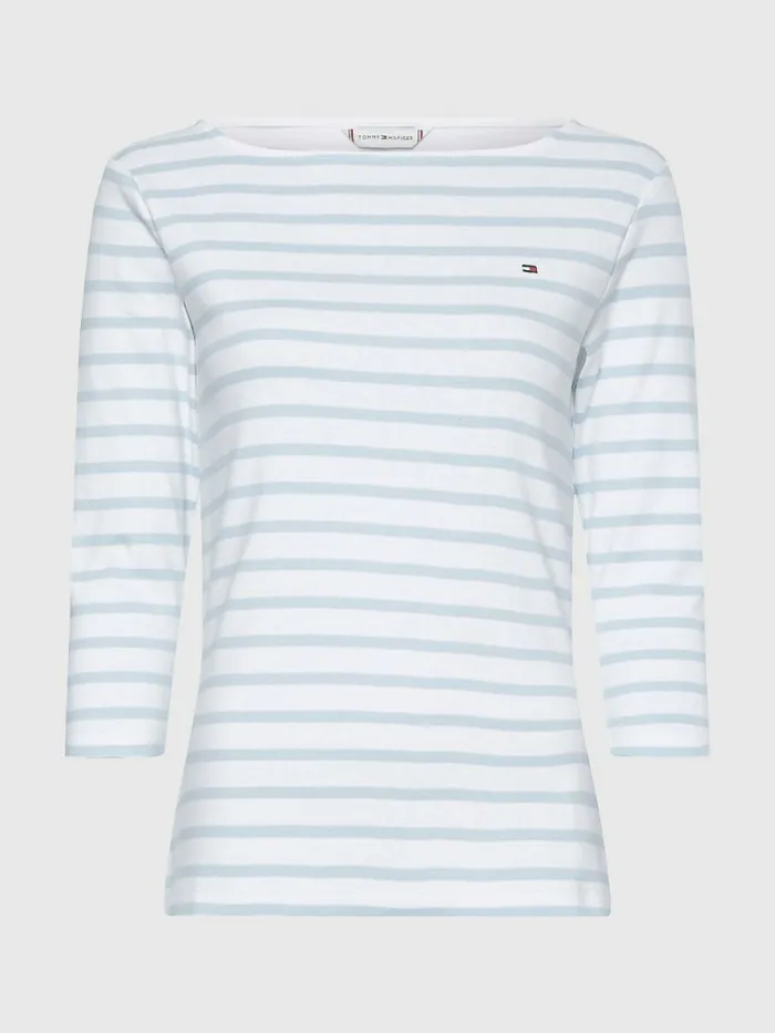 Tommy Hilfiger Boat Neck ThreeQuarter Sleeve TShirt Breton StpWhite Breezy Blue Womens TShirts Gift Ideas