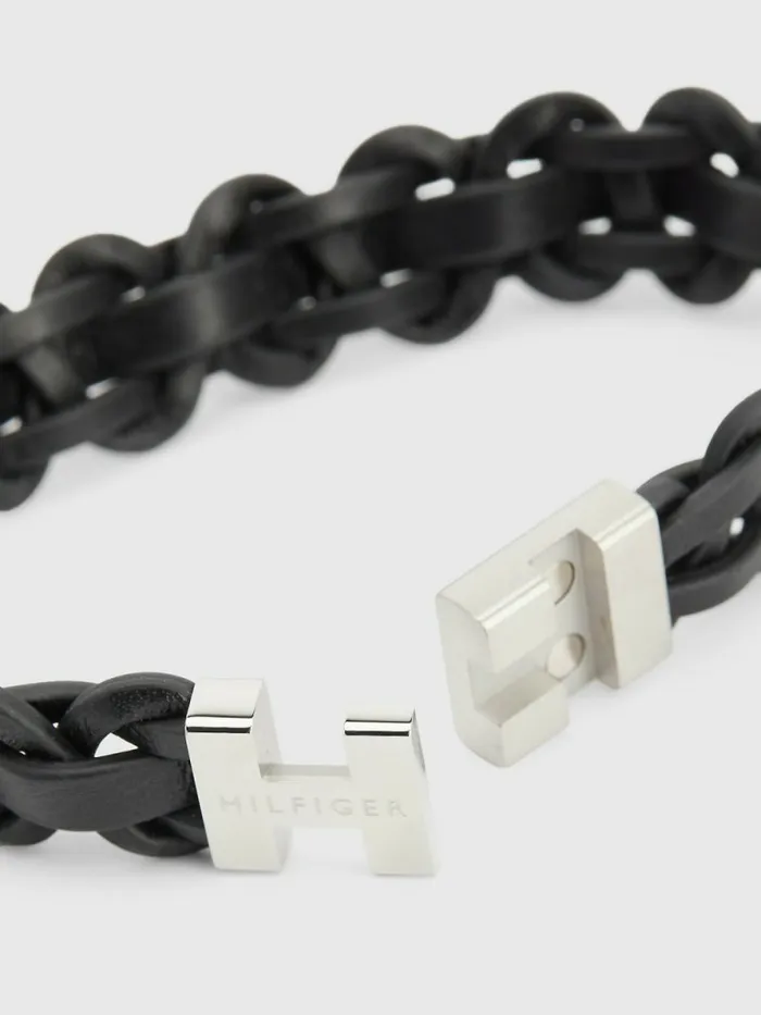 Tommy Hilfiger Braided Black Leather Bracelet Black Mens Jewellery and Cufflinks
