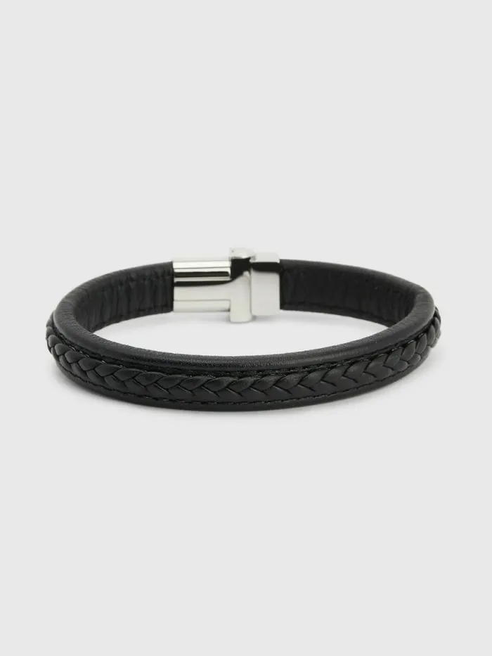 Tommy Hilfiger Braided Black Leather Magnetic Closure Bracelet Black Mens Jewellery and Cufflinks