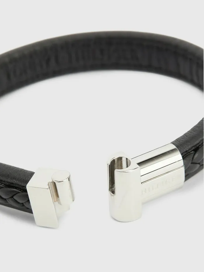 Tommy Hilfiger Braided Black Leather Magnetic Closure Bracelet Black Mens Jewellery and Cufflinks