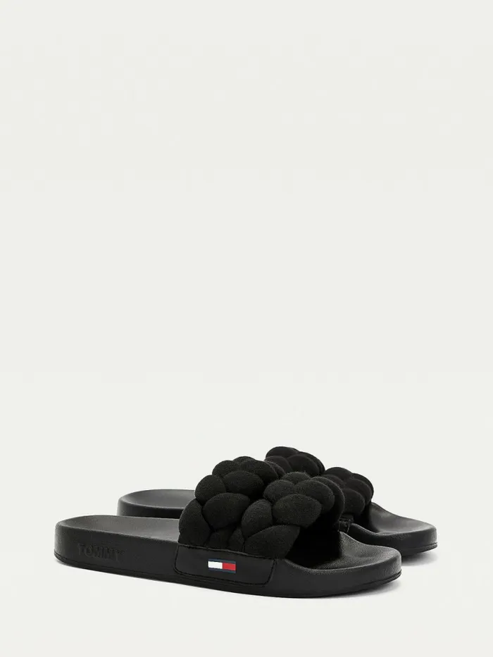 Tommy Hilfiger Braided Strap Pool Slides Black Womens Sandals Cheap On Sale