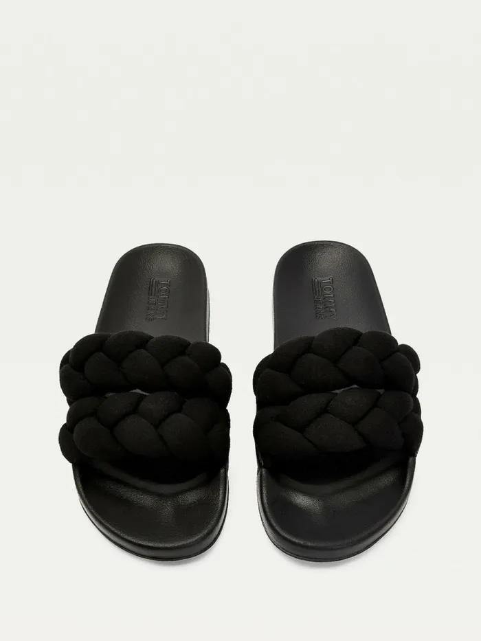 Tommy Hilfiger Braided Strap Pool Slides Black Womens Sandals Cheap On Sale