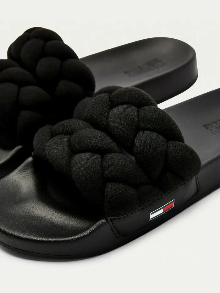 Tommy Hilfiger Braided Strap Pool Slides Black Womens Sandals Cheap On Sale