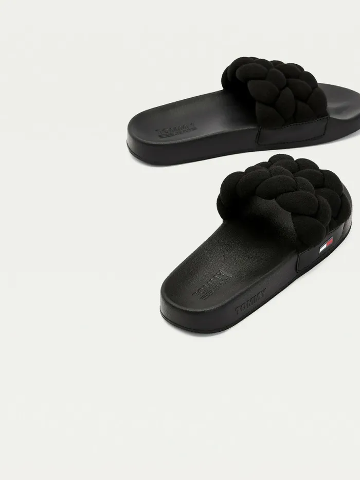 Tommy Hilfiger Braided Strap Pool Slides Black Womens Sandals Cheap On Sale