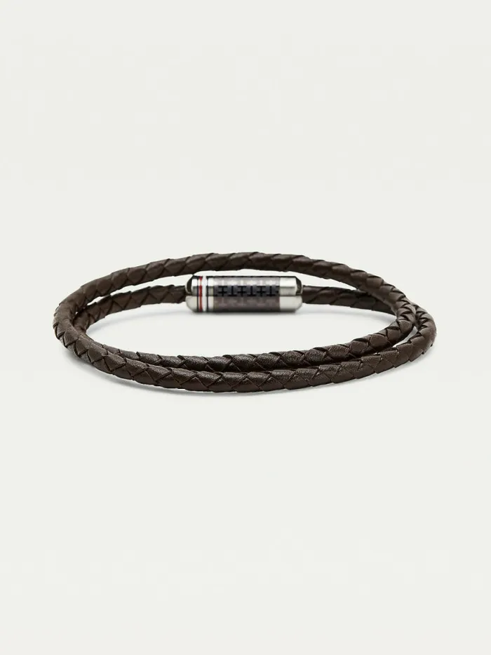 Tommy Hilfiger Brown Braided Leather Wrap Bracelet Brown Leather Mens Jewellery and Cufflinks