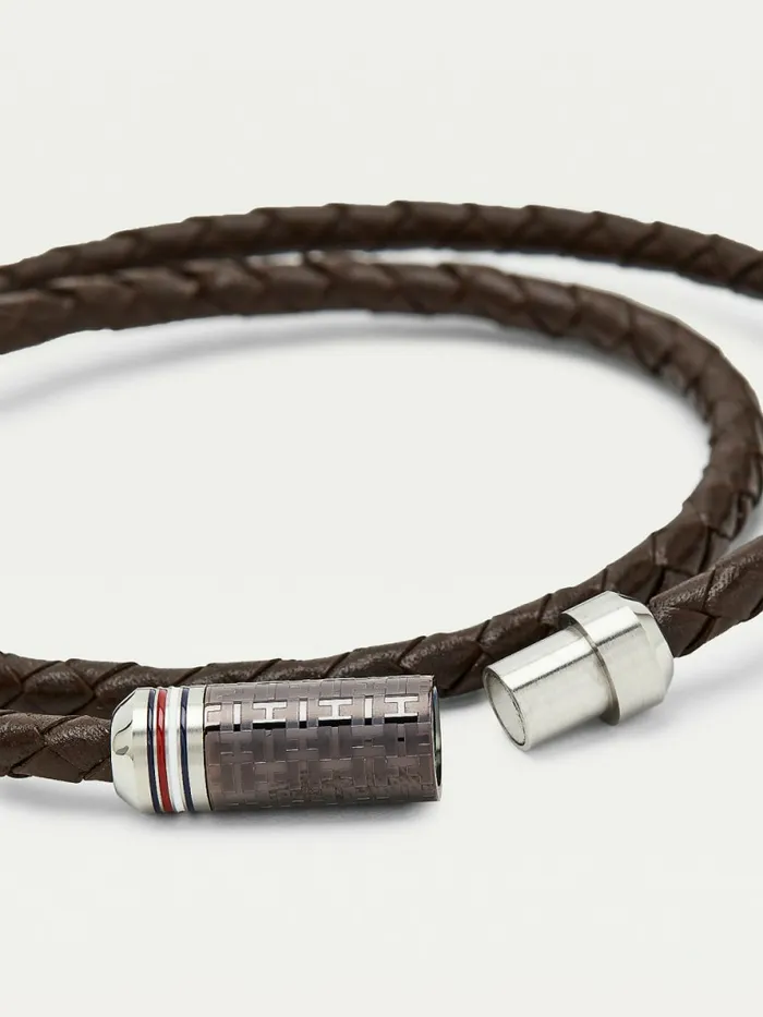 Tommy Hilfiger Brown Braided Leather Wrap Bracelet Brown Leather Mens Jewellery and Cufflinks