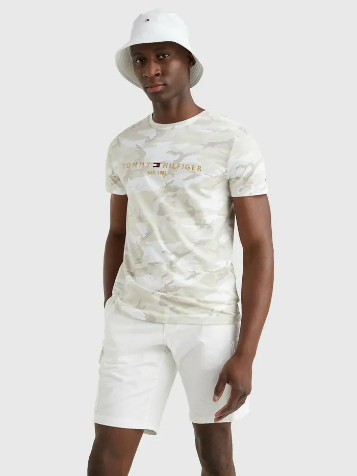 Tommy Hilfiger Camo Print Logo TShirt Ecru Camo Mens TShirts Popular